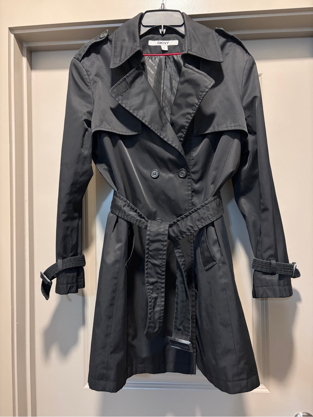 DKNY Black Double-Breasted Trench Coat with Belt